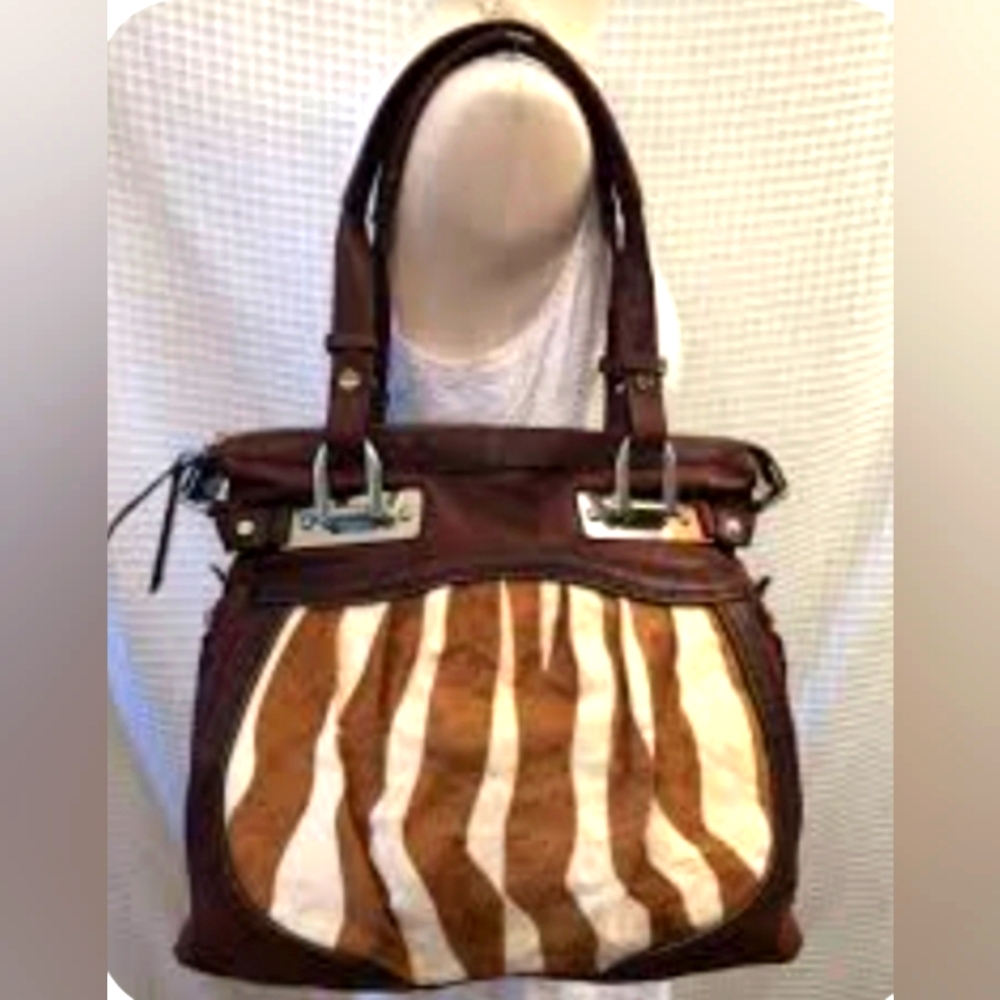 B. Makowsky Brown Glove Leather Tiger Calf Hair Brandy Canterbury  Large Tote.